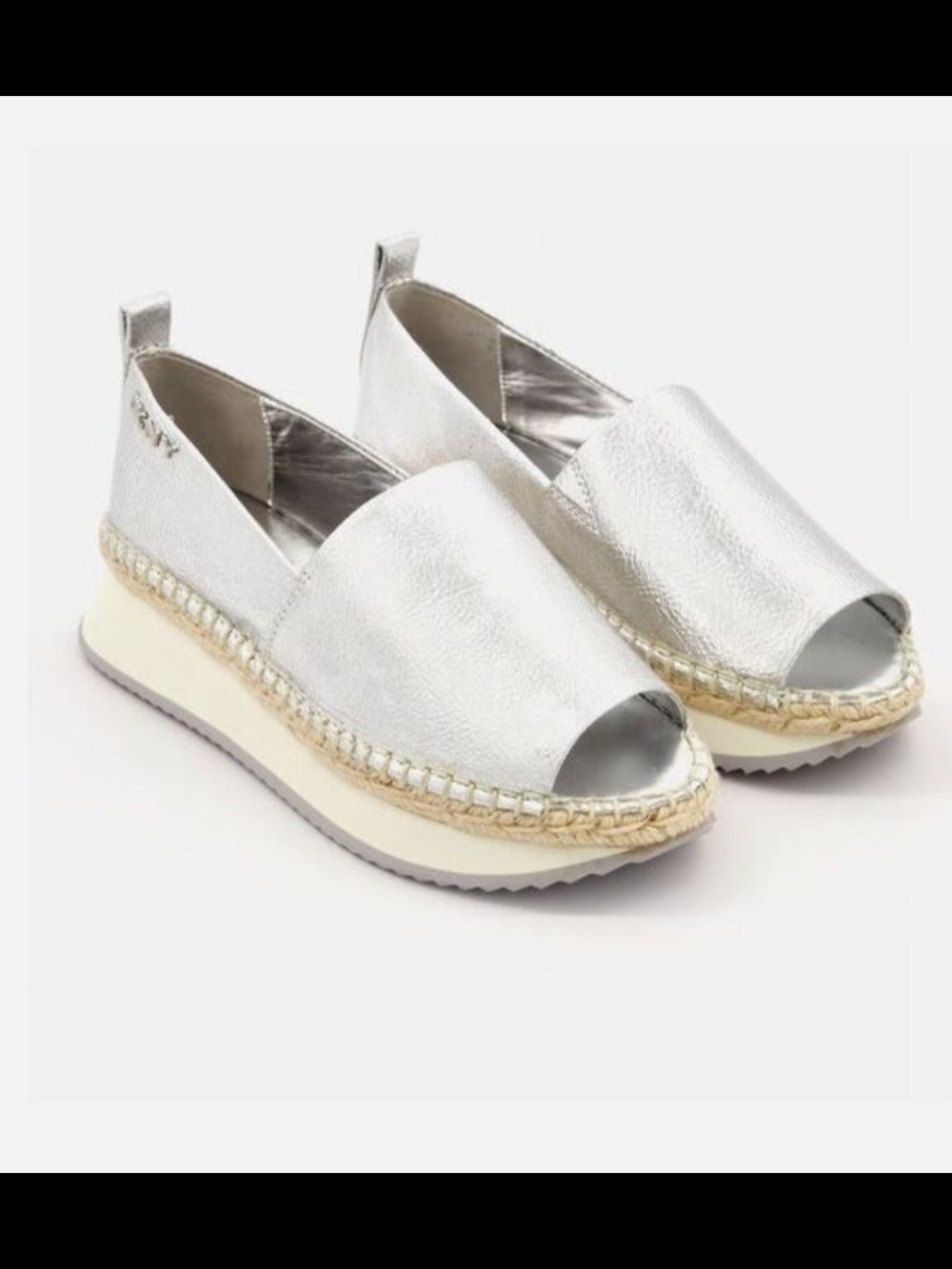 DKNY Silver Metallic Peep-Toe Platform Wedge Espadrille. Size 8.5